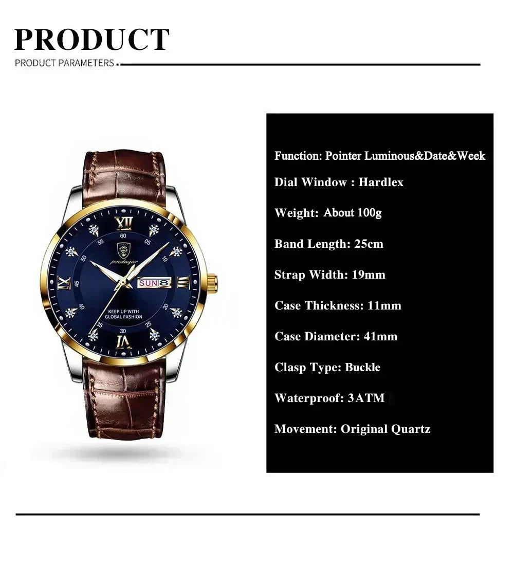 POEDAGAR Classic Day-Date Leather Watch