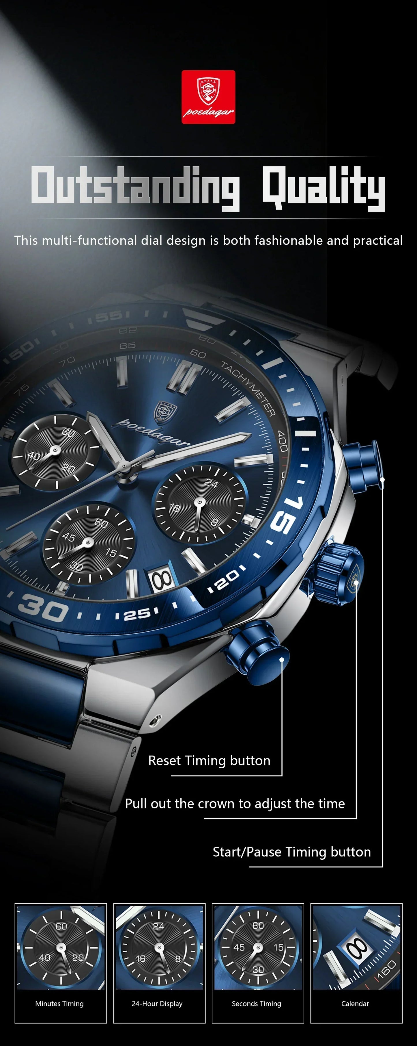 POEDAGAR Chrono Steel Watch