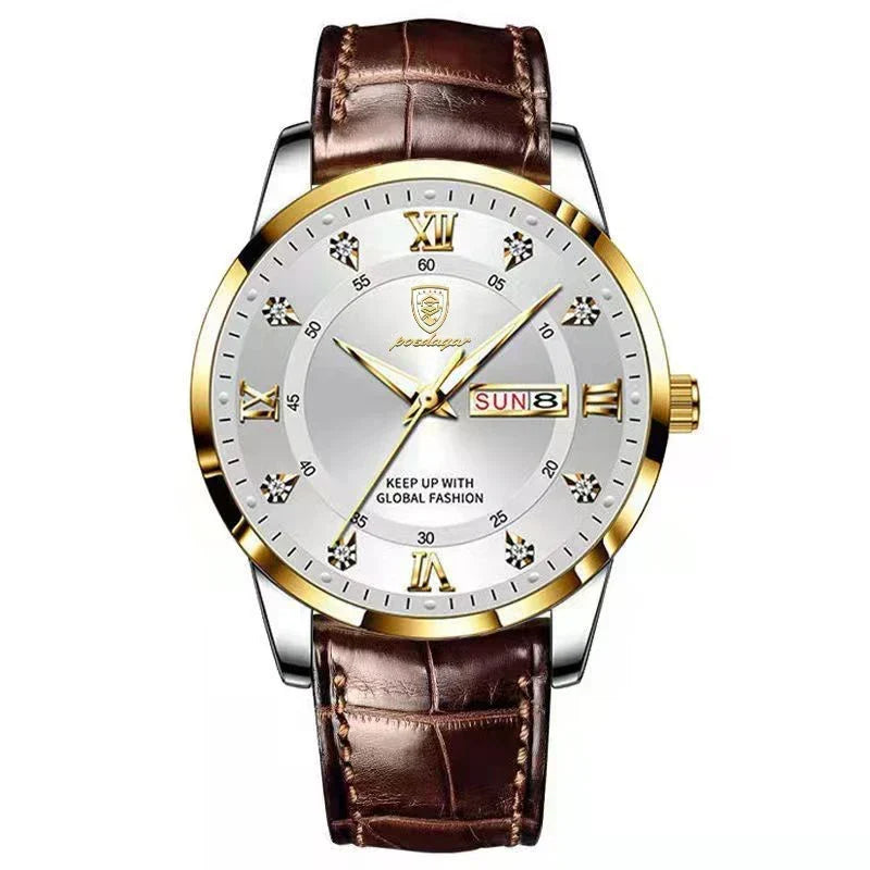 POEDAGAR Classic Day-Date Leather Watch