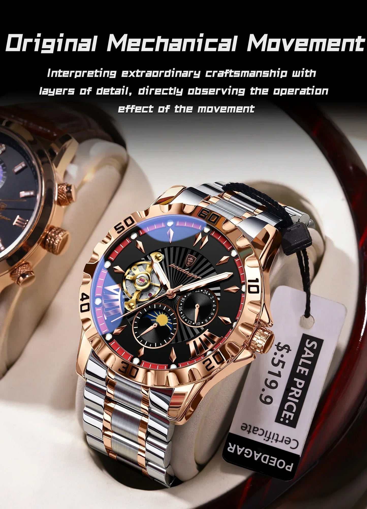 POEDAGAR Prestige Automatic Skeleton Sport Watch