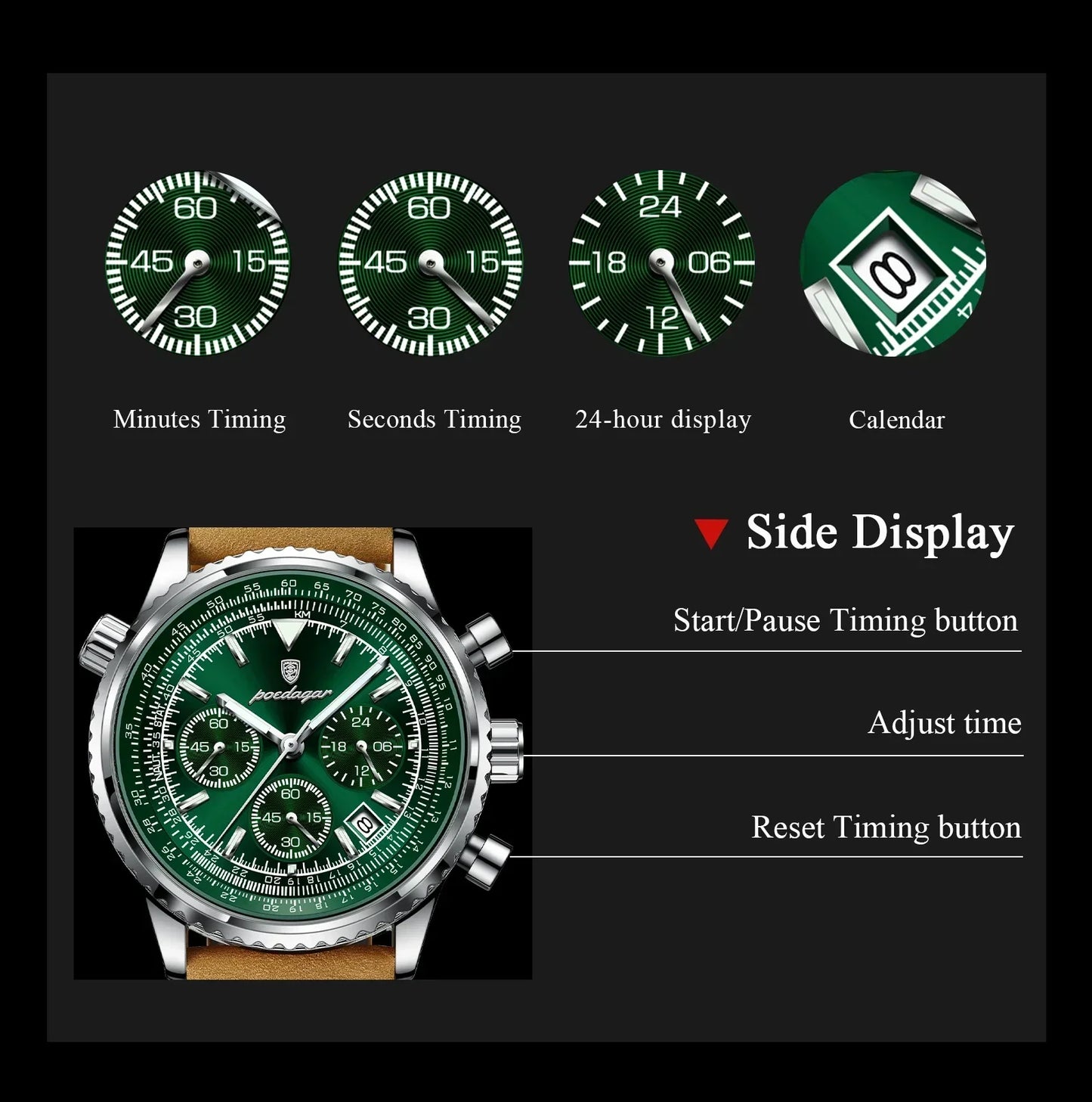 POEDAGAR Chrono Leather Watch