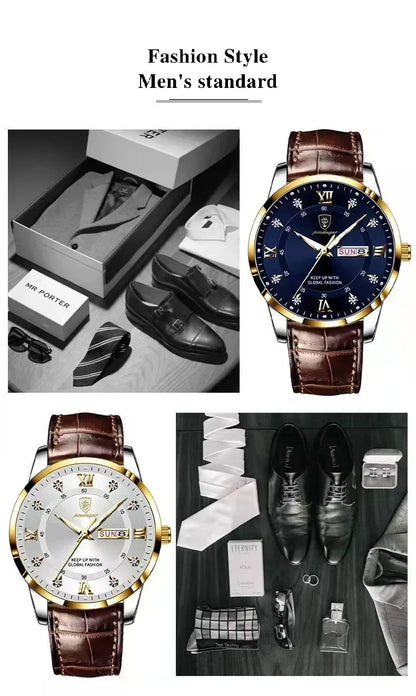 POEDAGAR Classic Day-Date Leather Watch