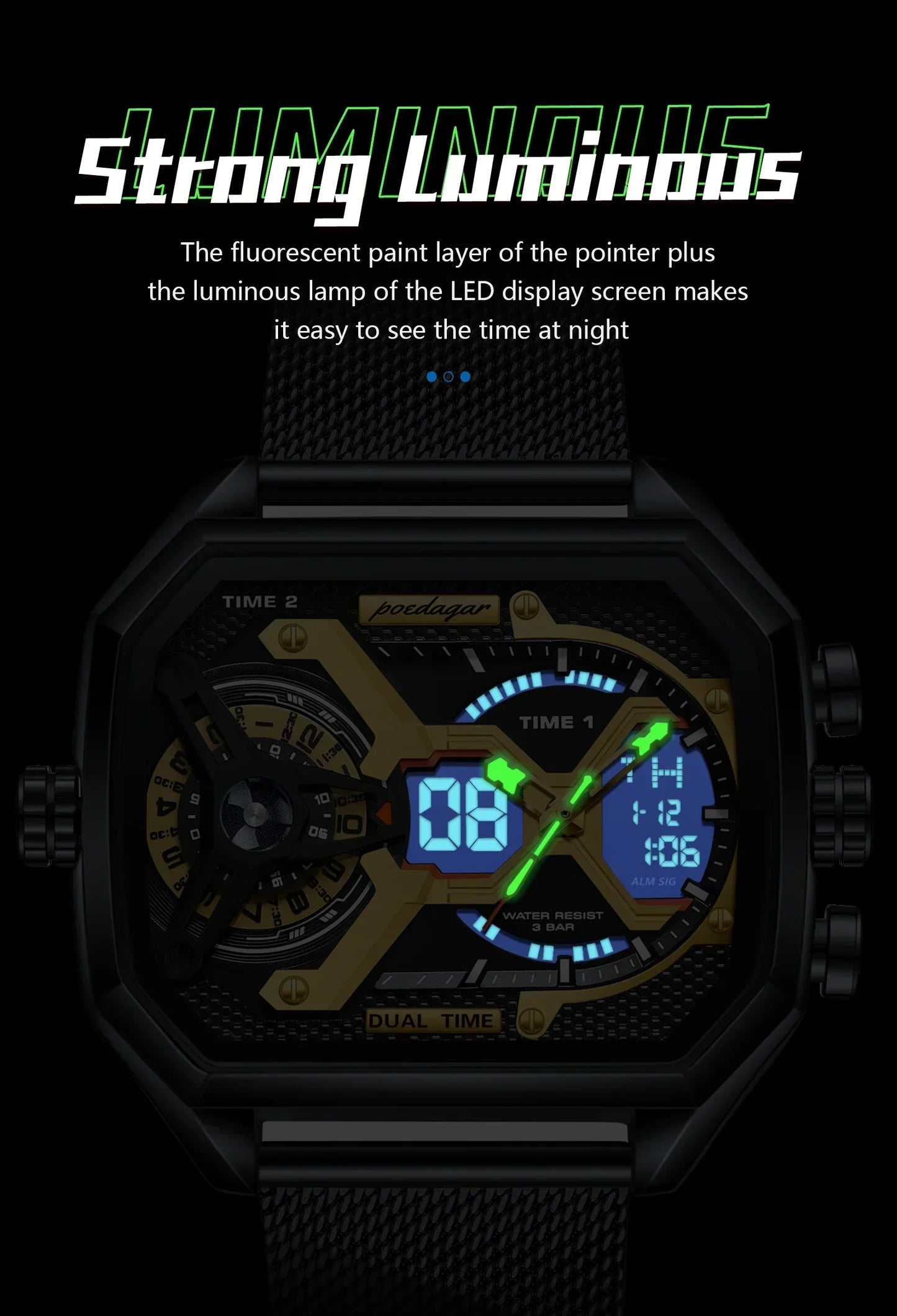 POEDAGAR Tactical Dual Display Chronograph Watch