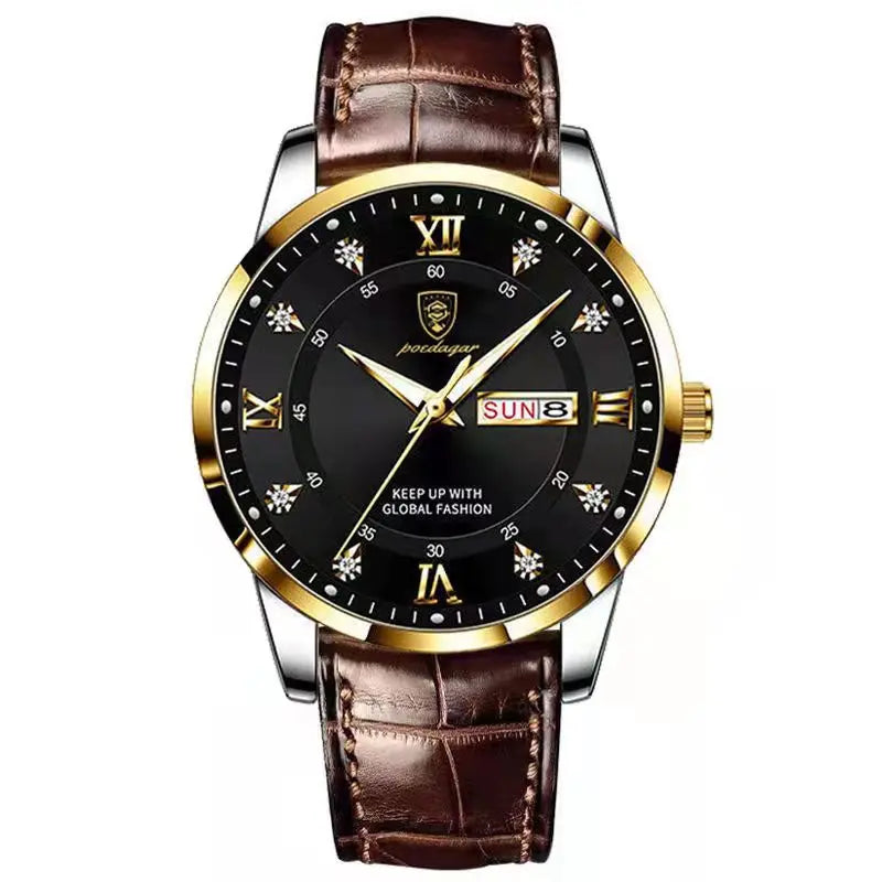 POEDAGAR Classic Day-Date Leather Watch