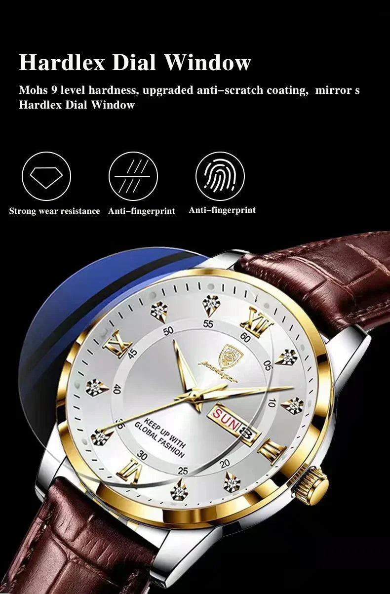 POEDAGAR Classic Day-Date Leather Watch