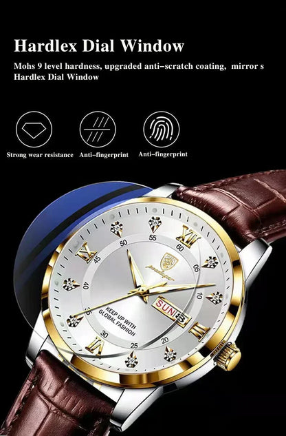 POEDAGAR Classic Day-Date Leather Watch