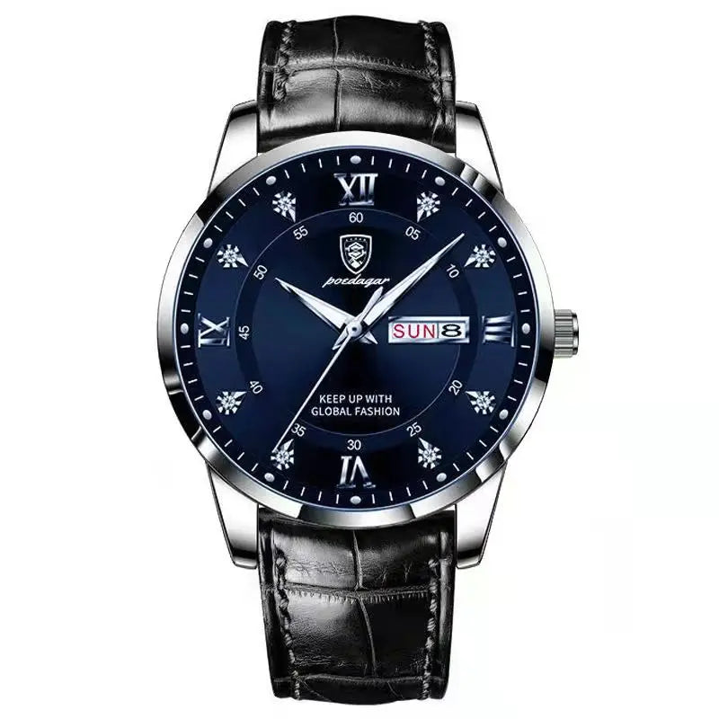 POEDAGAR Classic Day-Date Leather Watch