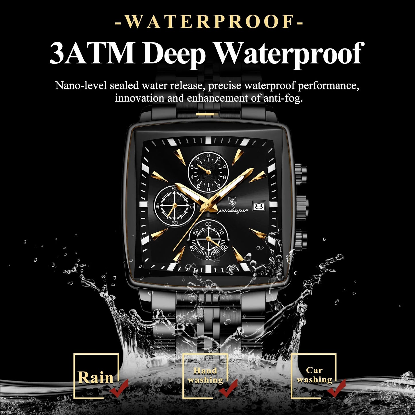POEDAGAR Square Steel Watch